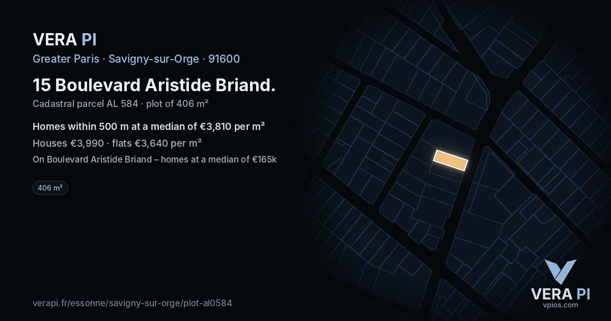 15 Boulevard Aristide Briand, Savigny-sur-Orge at night – the plot lit, the parcels around coloured by the prices near them