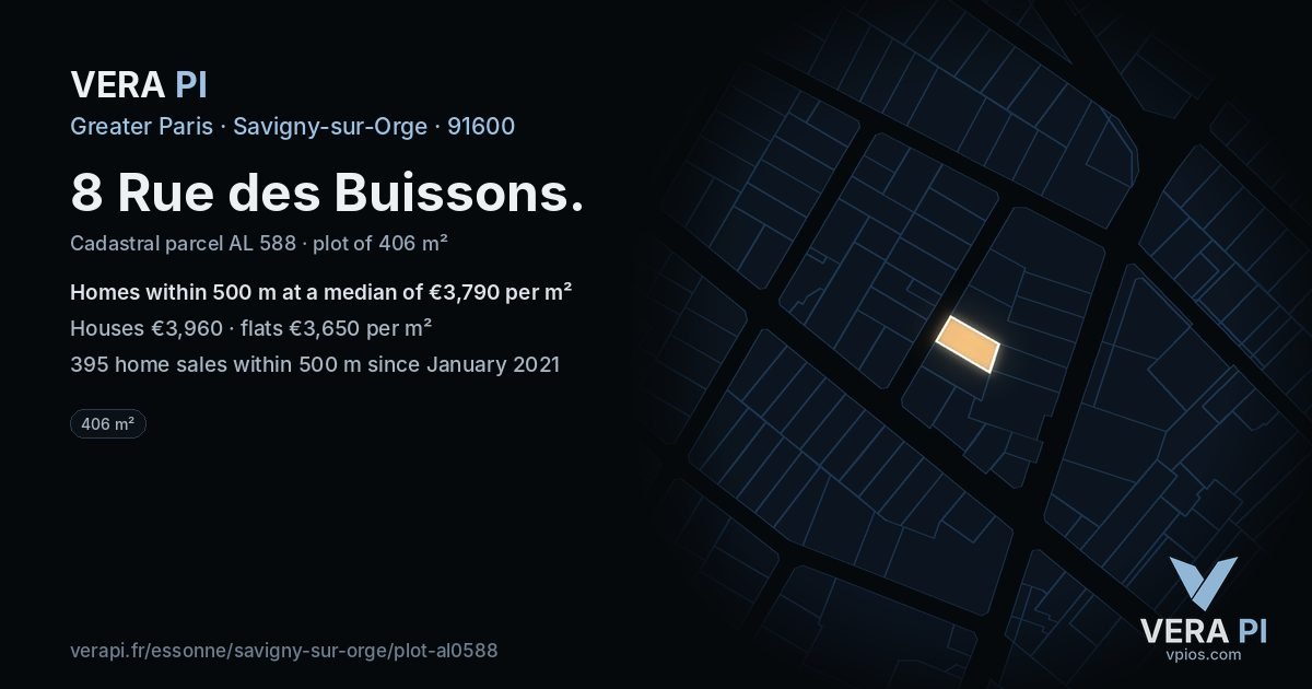 8 Rue des Buissons, Savigny-sur-Orge at night – the plot lit, the parcels around coloured by the prices near them
