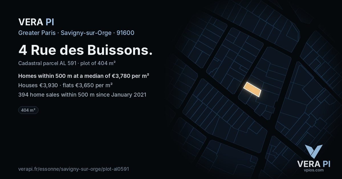 4 Rue des Buissons, Savigny-sur-Orge at night – the plot lit, the parcels around coloured by the prices near them