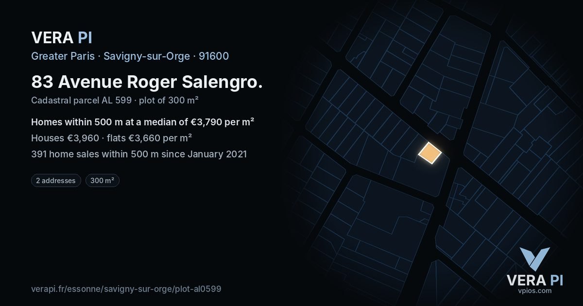 83 Avenue Roger Salengro, Savigny-sur-Orge at night – the plot lit, the parcels around coloured by the prices near them