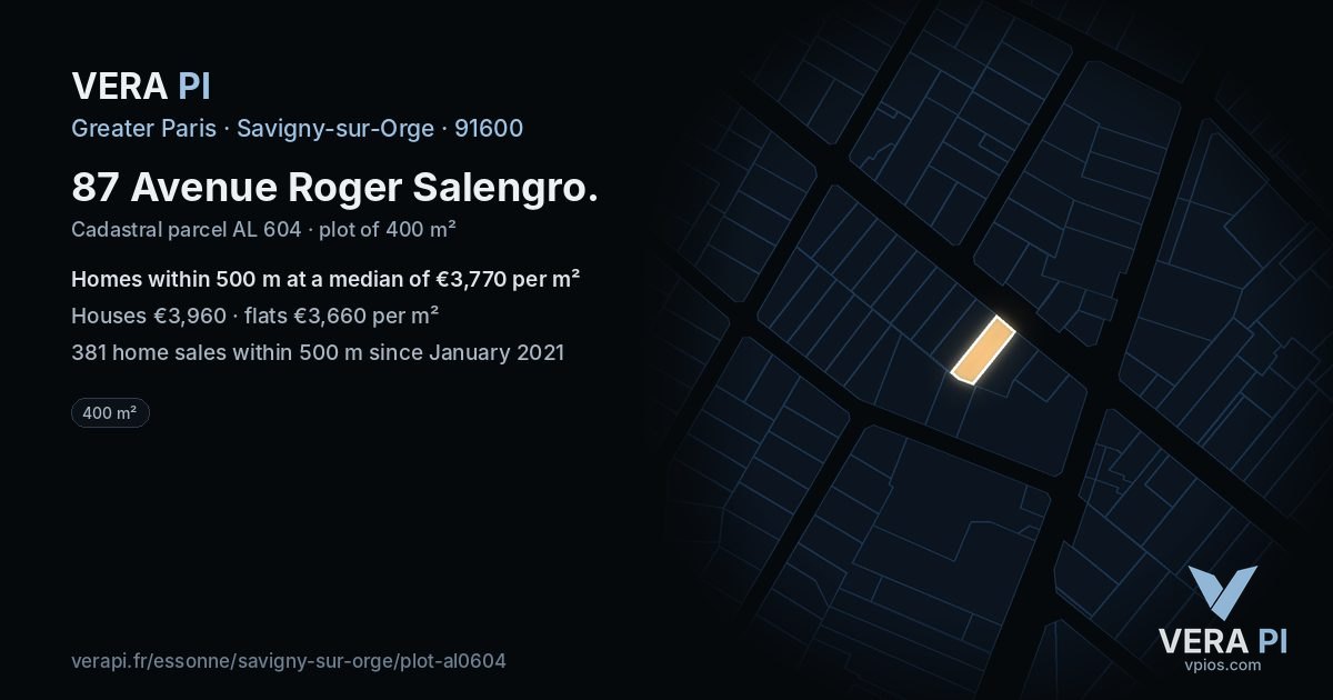 87 Avenue Roger Salengro, Savigny-sur-Orge at night – the plot lit, the parcels around coloured by the prices near them