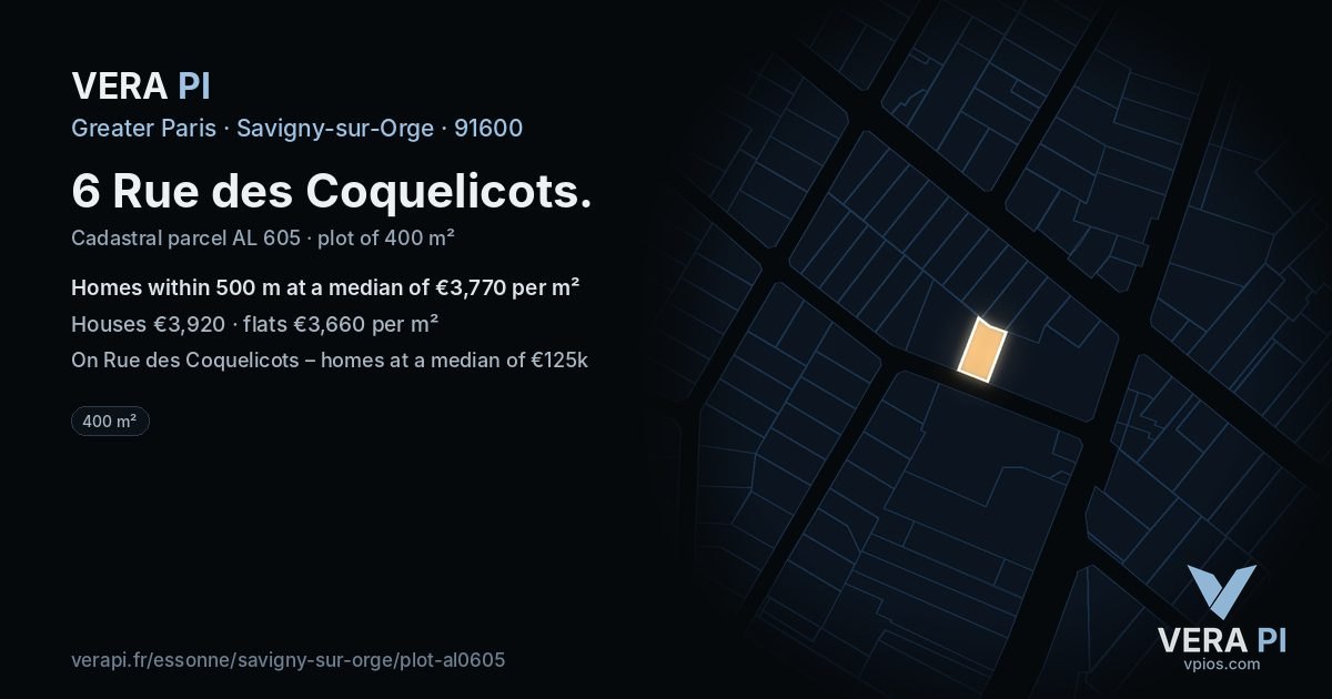 6 Rue des Coquelicots, Savigny-sur-Orge at night – the plot lit, the parcels around coloured by the prices near them