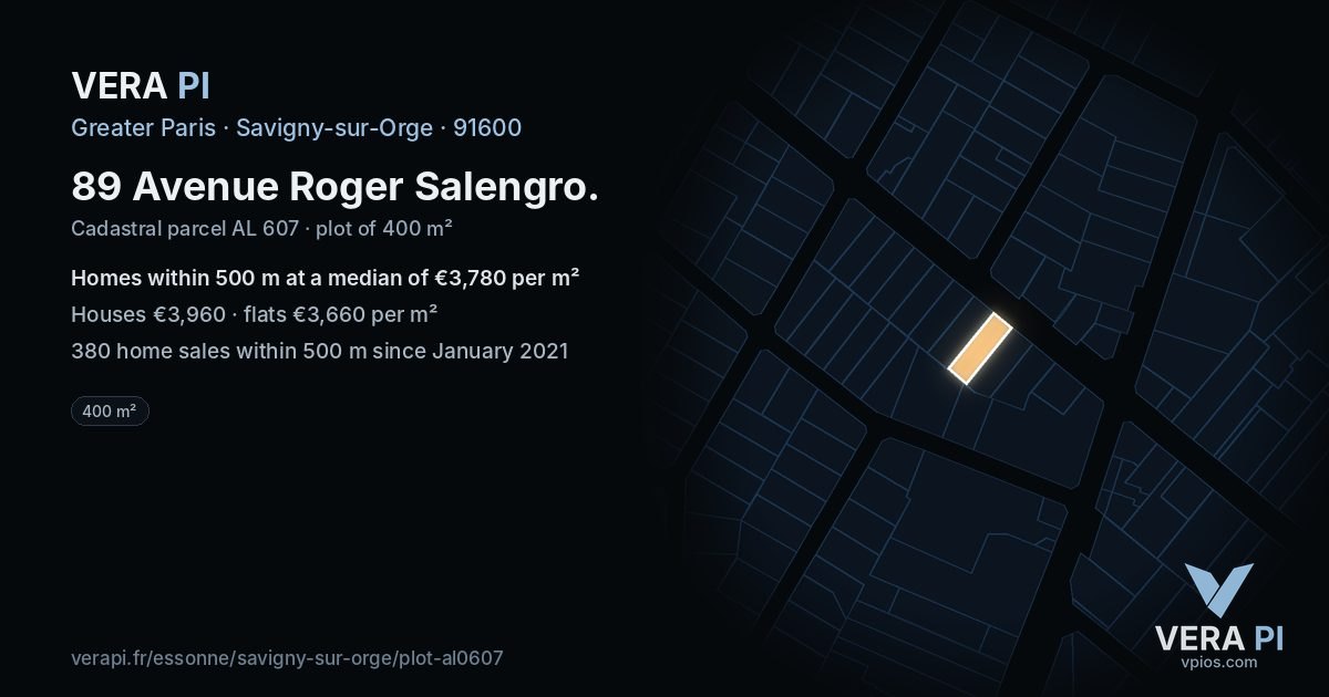 89 Avenue Roger Salengro, Savigny-sur-Orge at night – the plot lit, the parcels around coloured by the prices near them