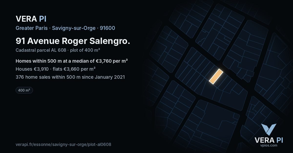 91 Avenue Roger Salengro, Savigny-sur-Orge at night – the plot lit, the parcels around coloured by the prices near them