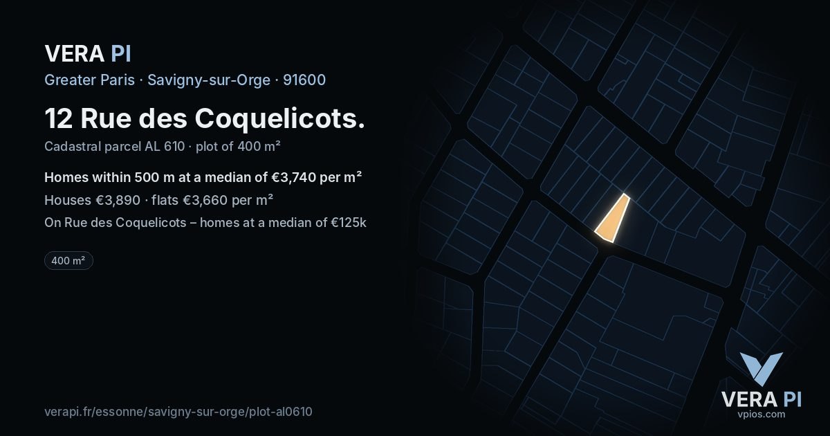 12 Rue des Coquelicots, Savigny-sur-Orge at night – the plot lit, the parcels around coloured by the prices near them
