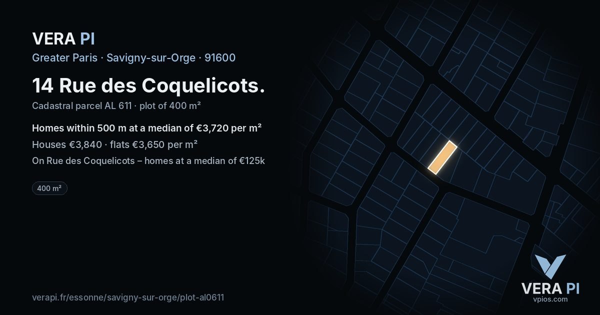 14 Rue des Coquelicots, Savigny-sur-Orge at night – the plot lit, the parcels around coloured by the prices near them