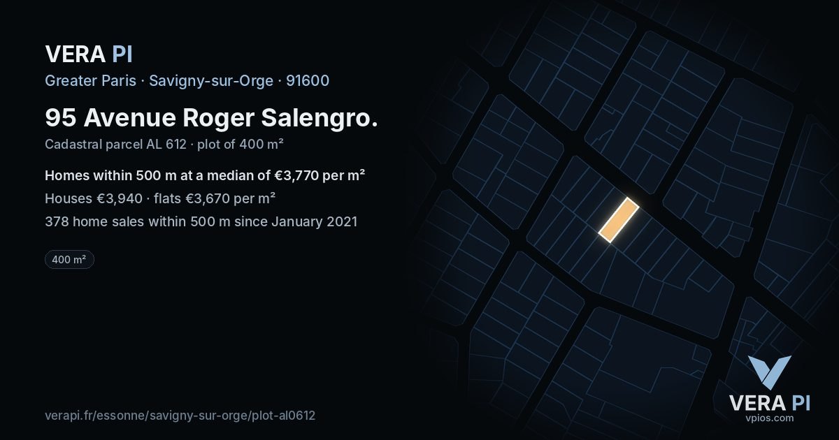 95 Avenue Roger Salengro, Savigny-sur-Orge at night – the plot lit, the parcels around coloured by the prices near them