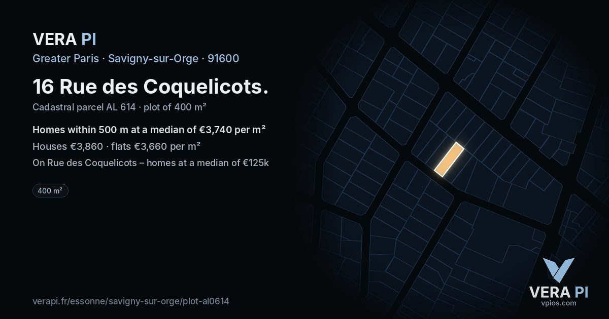 16 Rue des Coquelicots, Savigny-sur-Orge at night – the plot lit, the parcels around coloured by the prices near them