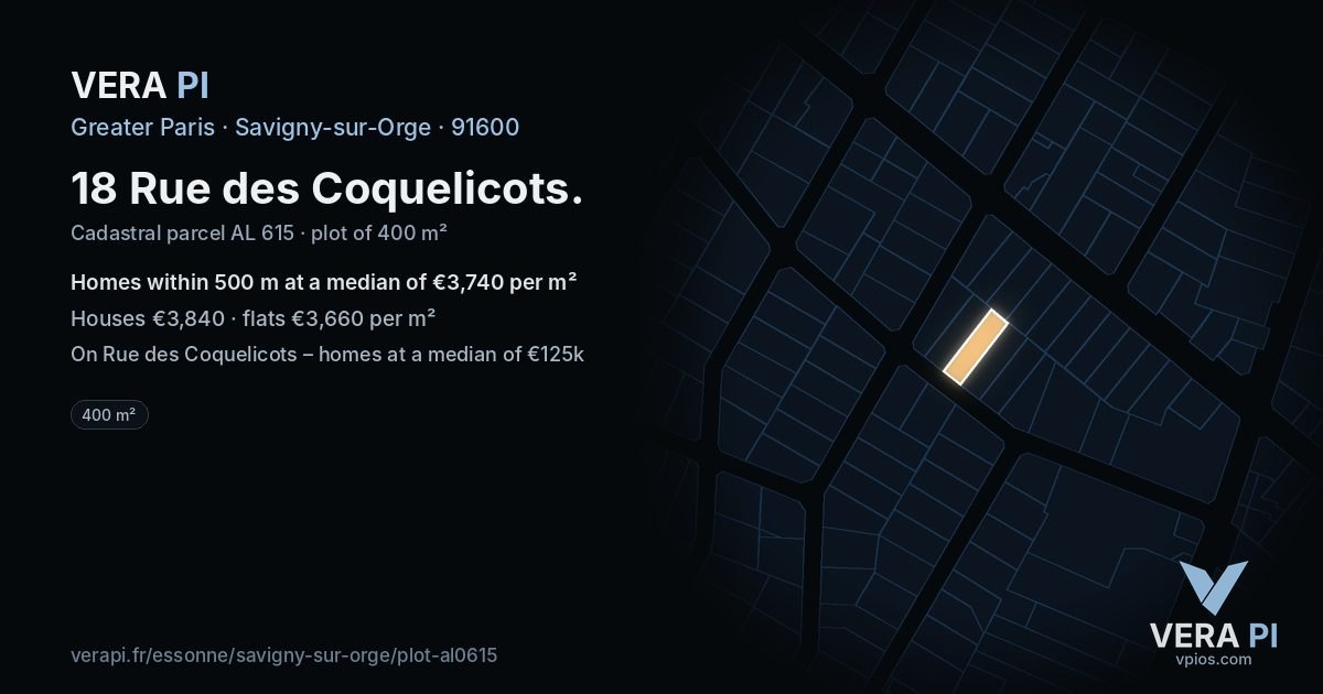 18 Rue des Coquelicots, Savigny-sur-Orge at night – the plot lit, the parcels around coloured by the prices near them