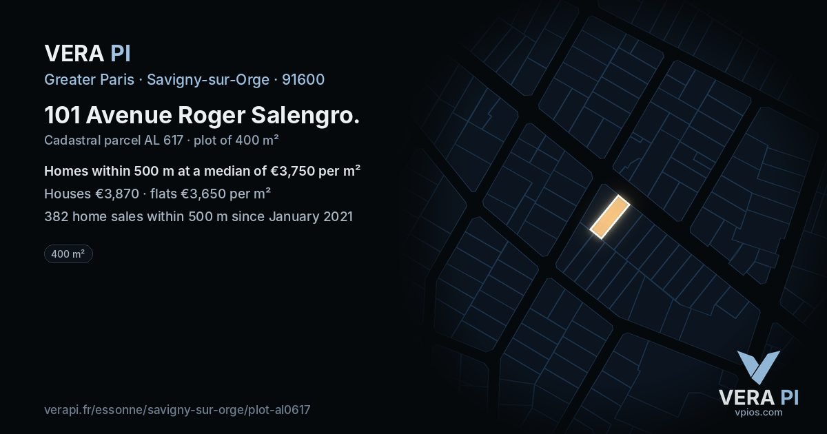 101 Avenue Roger Salengro, Savigny-sur-Orge at night – the plot lit, the parcels around coloured by the prices near them
