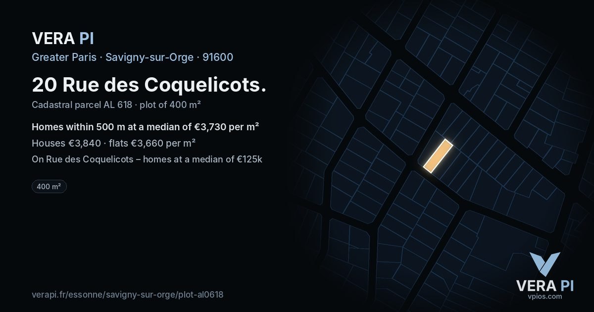 20 Rue des Coquelicots, Savigny-sur-Orge at night – the plot lit, the parcels around coloured by the prices near them