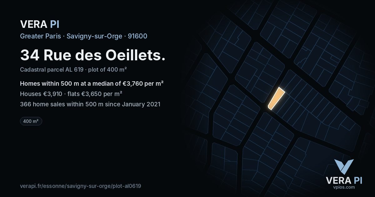 34 Rue des Oeillets, Savigny-sur-Orge at night – the plot lit, the parcels around coloured by the prices near them