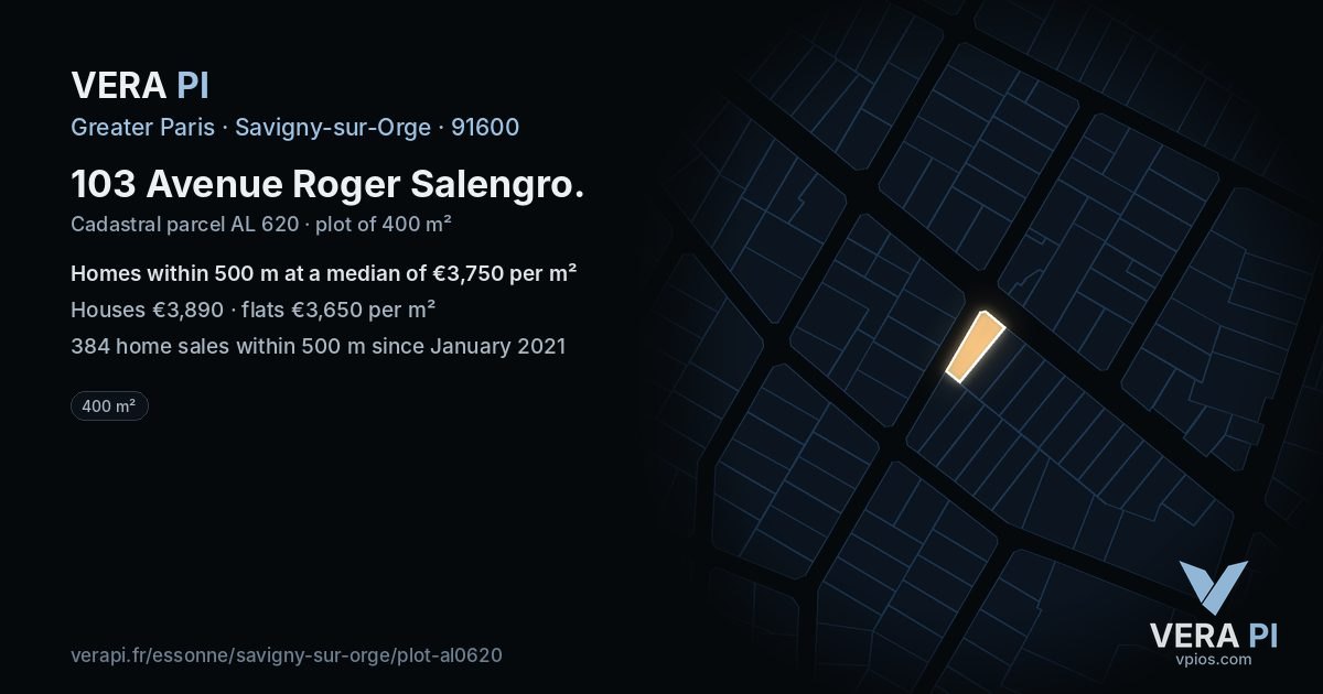 103 Avenue Roger Salengro, Savigny-sur-Orge at night – the plot lit, the parcels around coloured by the prices near them