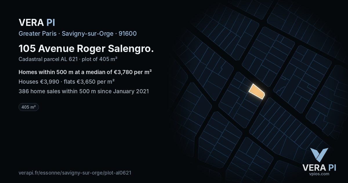 105 Avenue Roger Salengro, Savigny-sur-Orge at night – the plot lit, the parcels around coloured by the prices near them