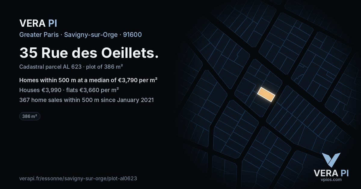 35 Rue des Oeillets, Savigny-sur-Orge at night – the plot lit, the parcels around coloured by the prices near them