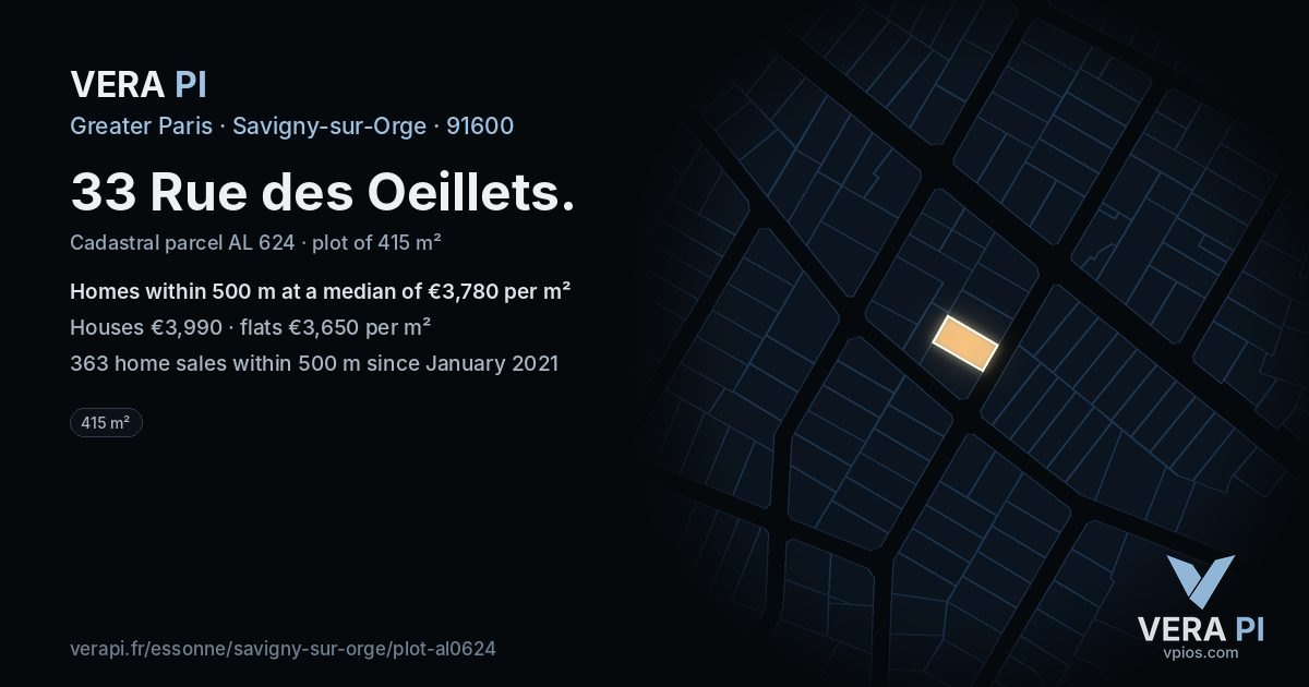 33 Rue des Oeillets, Savigny-sur-Orge at night – the plot lit, the parcels around coloured by the prices near them
