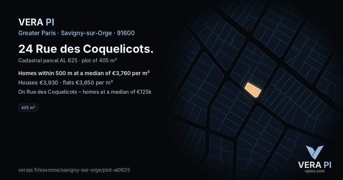 24 Rue des Coquelicots, Savigny-sur-Orge at night – the plot lit, the parcels around coloured by the prices near them