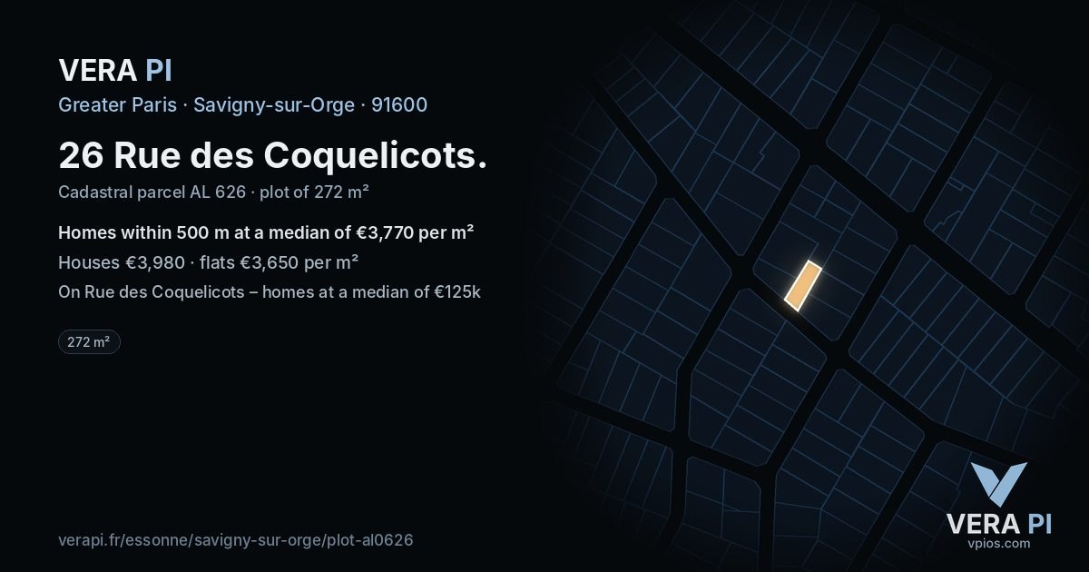 26 Rue des Coquelicots, Savigny-sur-Orge at night – the plot lit, the parcels around coloured by the prices near them