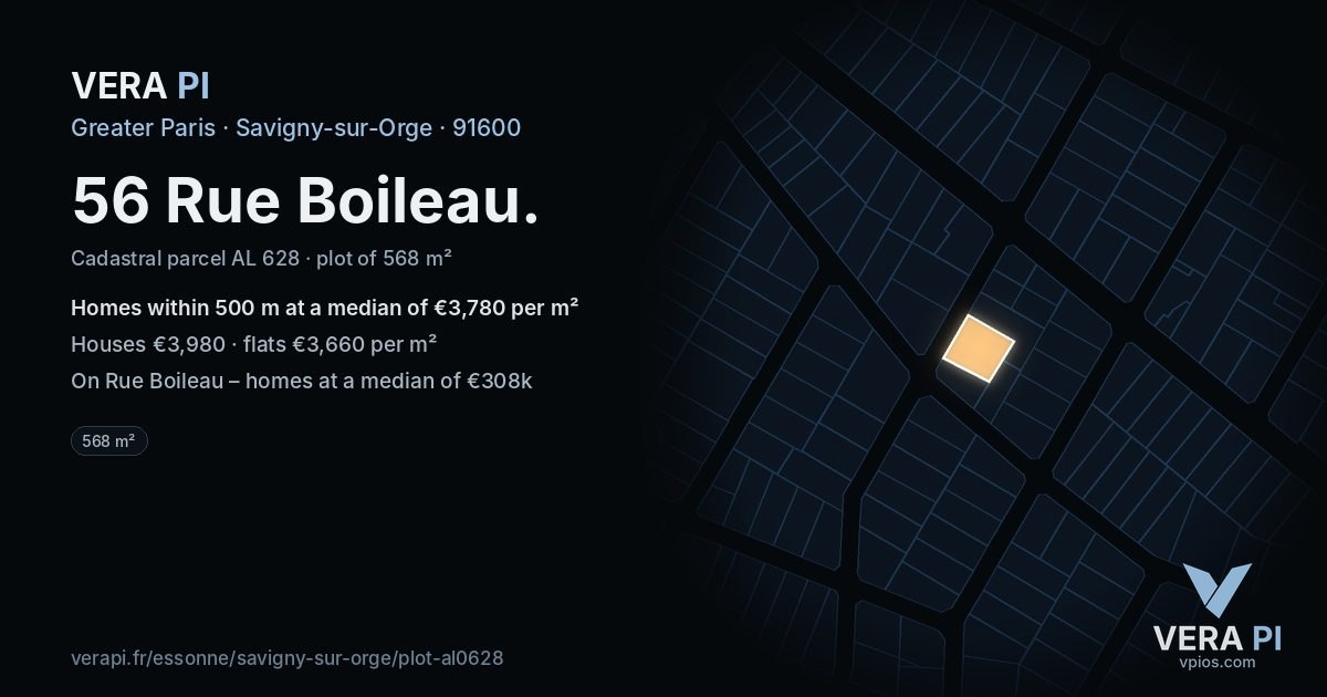 56 Rue Boileau, Savigny-sur-Orge at night – the plot lit, the parcels around coloured by the prices near them
