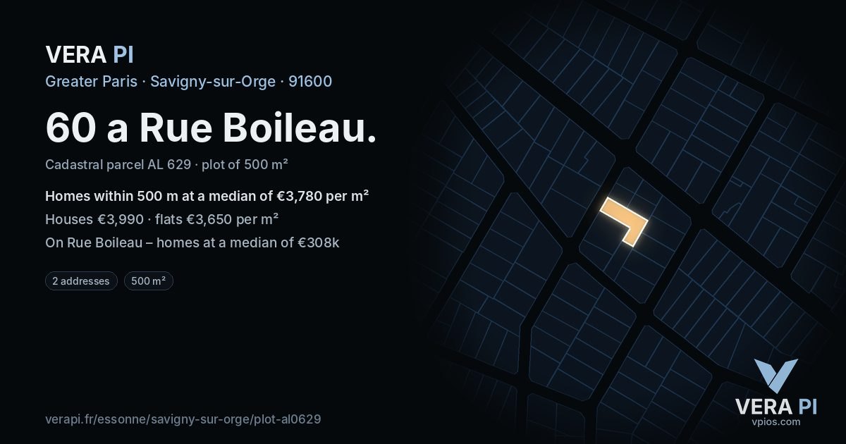 60 a Rue Boileau, Savigny-sur-Orge at night – the plot lit, the parcels around coloured by the prices near them