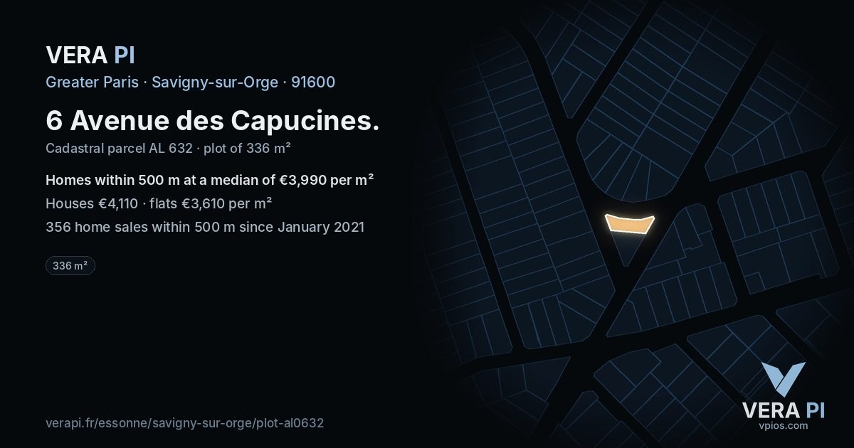 6 Avenue des Capucines, Savigny-sur-Orge at night – the plot lit, the parcels around coloured by the prices near them