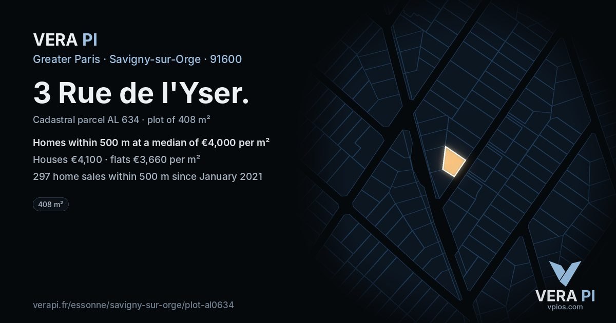 3 Rue de l'Yser, Savigny-sur-Orge at night – the plot lit, the parcels around coloured by the prices near them