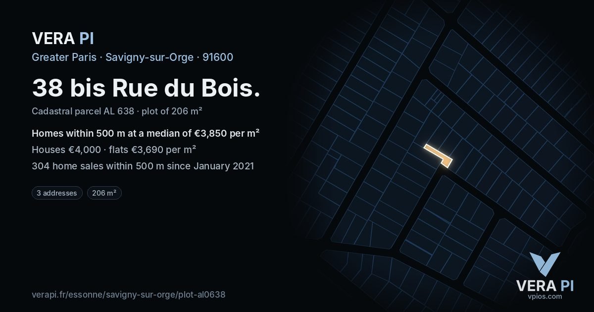 38 bis Rue du Bois, Savigny-sur-Orge at night – the plot lit, the parcels around coloured by the prices near them