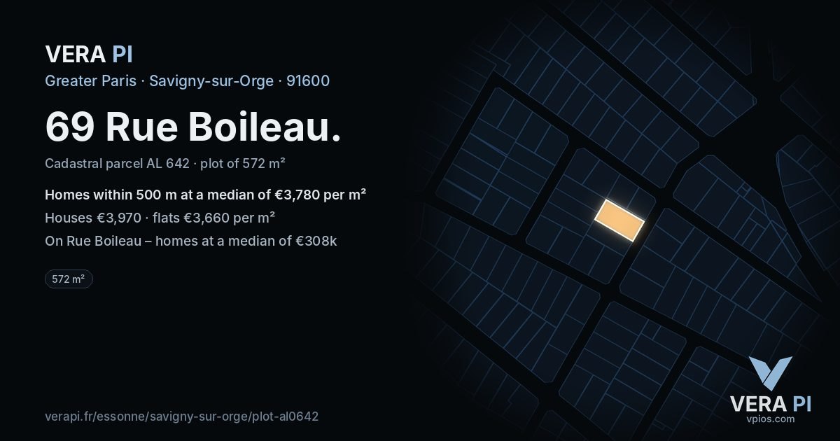 69 Rue Boileau, Savigny-sur-Orge at night – the plot lit, the parcels around coloured by the prices near them
