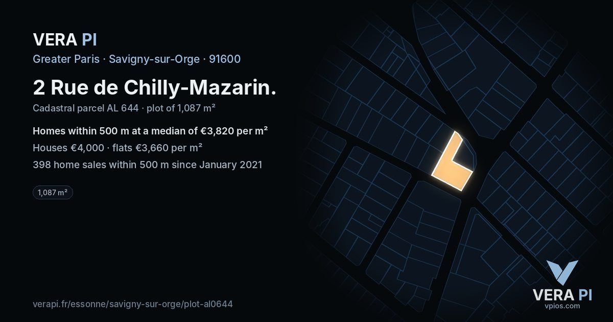 2 Rue de Chilly-Mazarin, Savigny-sur-Orge at night – the plot lit, the parcels around coloured by the prices near them