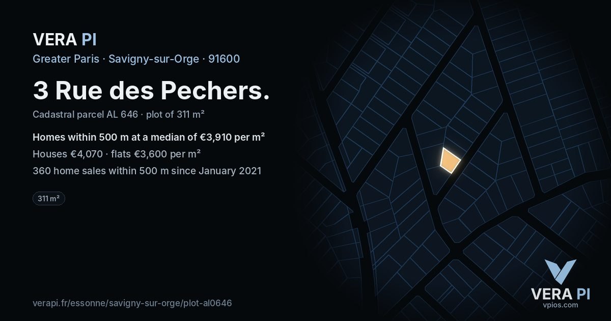 3 Rue des Pechers, Savigny-sur-Orge at night – the plot lit, the parcels around coloured by the prices near them