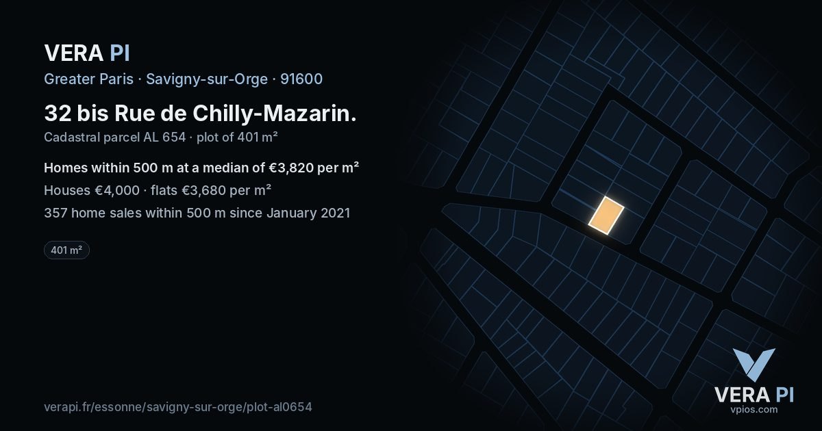 32 bis Rue de Chilly-Mazarin, Savigny-sur-Orge at night – the plot lit, the parcels around coloured by the prices near them