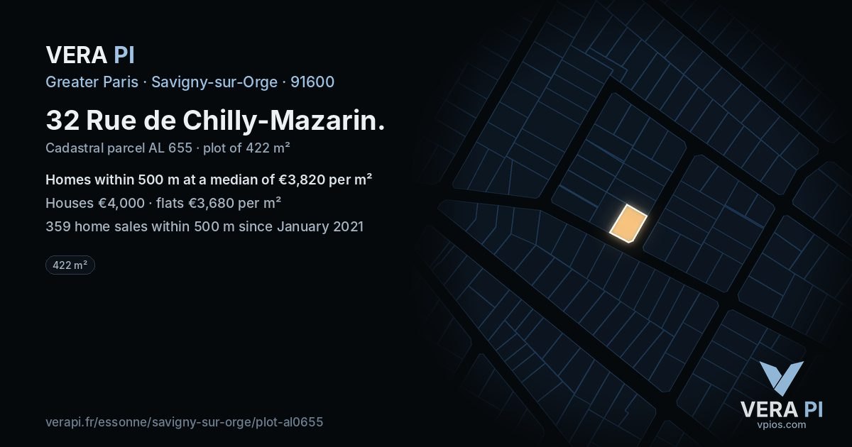 32 Rue de Chilly-Mazarin, Savigny-sur-Orge at night – the plot lit, the parcels around coloured by the prices near them