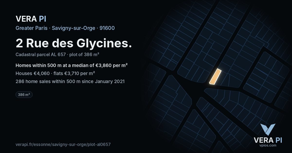 2 Rue des Glycines, Savigny-sur-Orge at night – the plot lit, the parcels around coloured by the prices near them