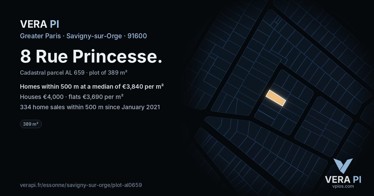 8 Rue Princesse, Savigny-sur-Orge at night – the plot lit, the parcels around coloured by the prices near them
