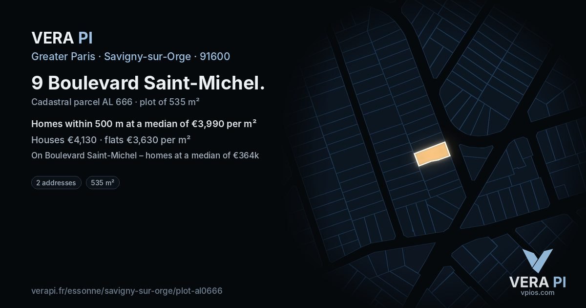 9 Boulevard Saint-Michel, Savigny-sur-Orge at night – the plot lit, the parcels around coloured by the prices near them