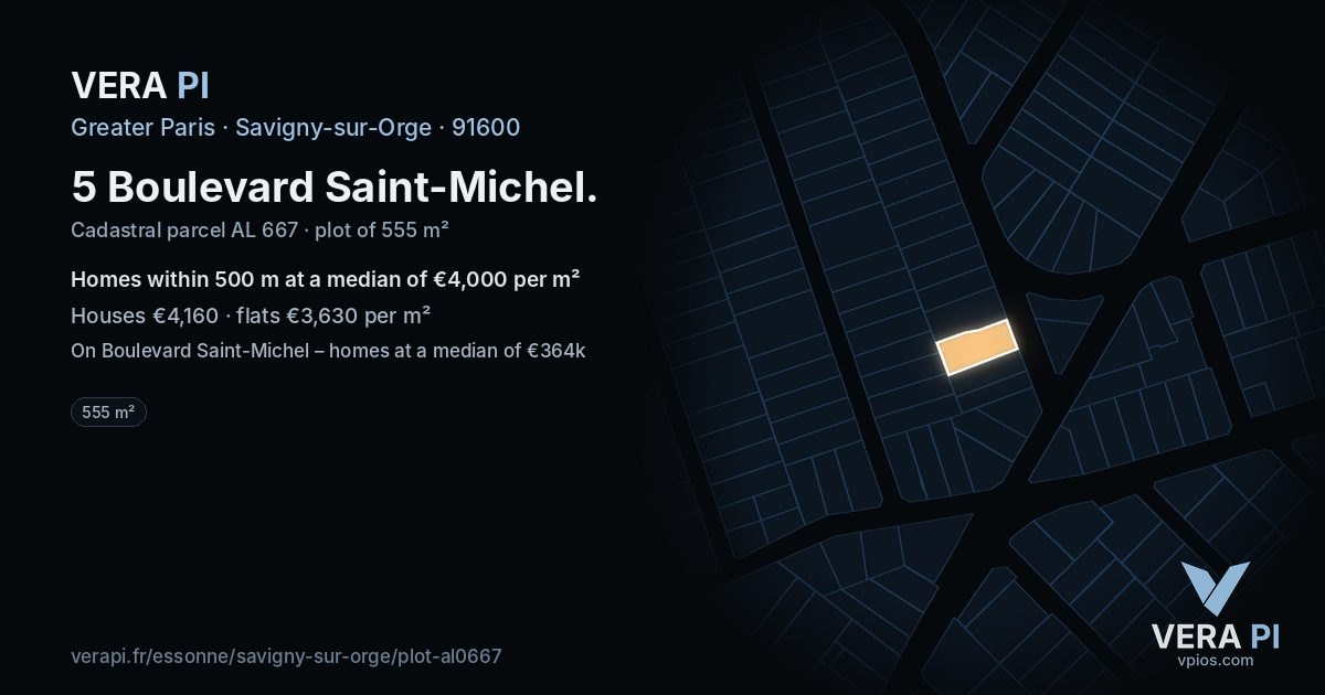 5 Boulevard Saint-Michel, Savigny-sur-Orge at night – the plot lit, the parcels around coloured by the prices near them