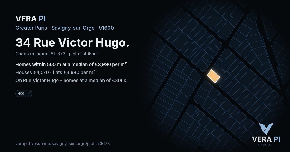 34 Rue Victor Hugo, Savigny-sur-Orge at night – the plot lit, the parcels around coloured by the prices near them