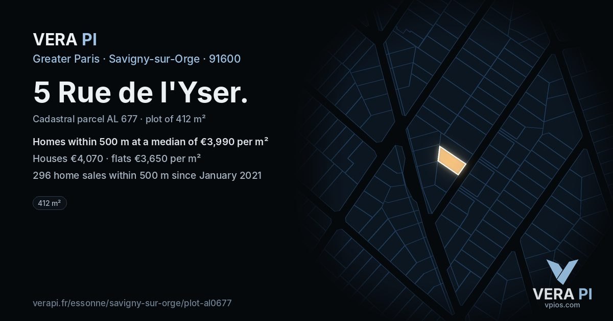 5 Rue de l'Yser, Savigny-sur-Orge at night – the plot lit, the parcels around coloured by the prices near them