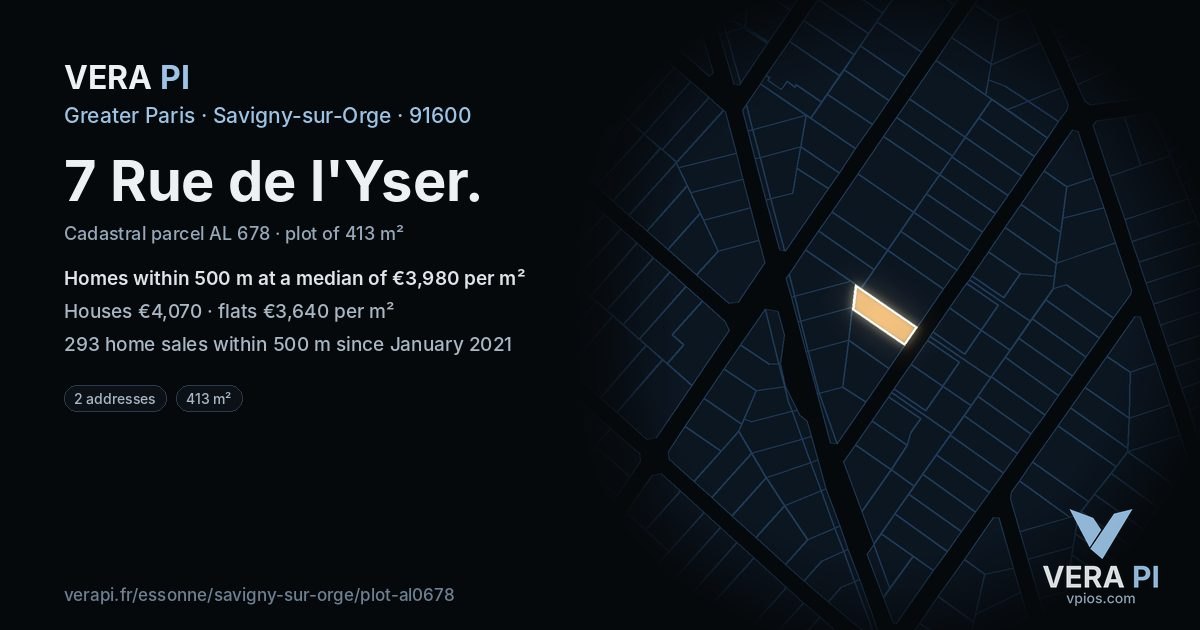 7 Rue de l'Yser, Savigny-sur-Orge at night – the plot lit, the parcels around coloured by the prices near them