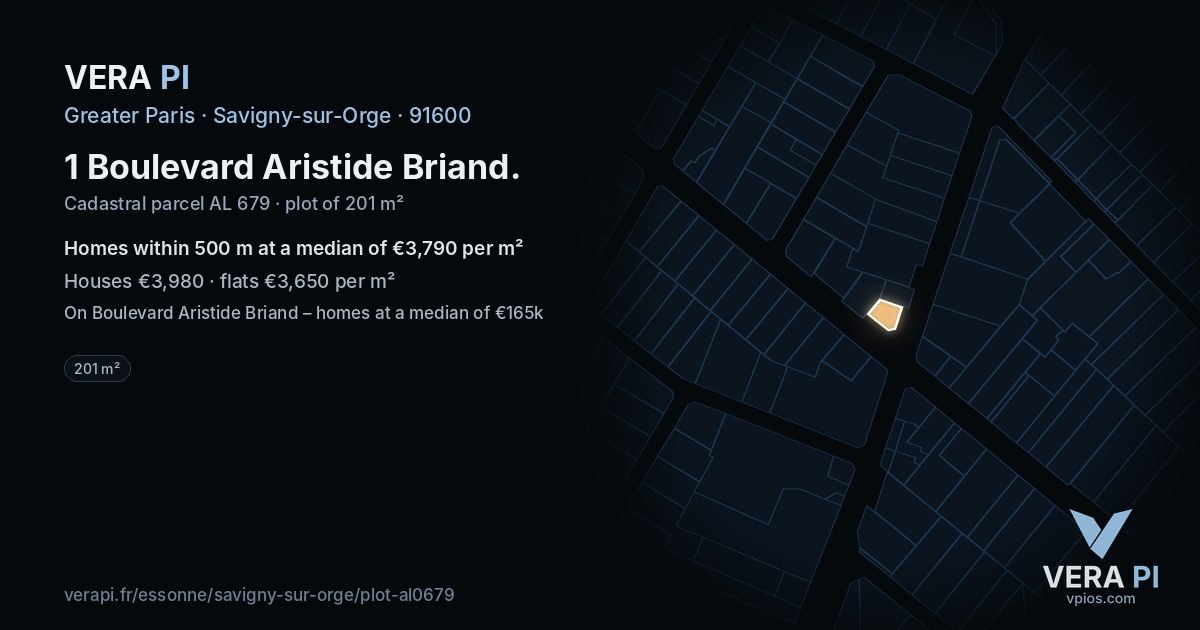 1 Boulevard Aristide Briand, Savigny-sur-Orge at night – the plot lit, the parcels around coloured by the prices near them