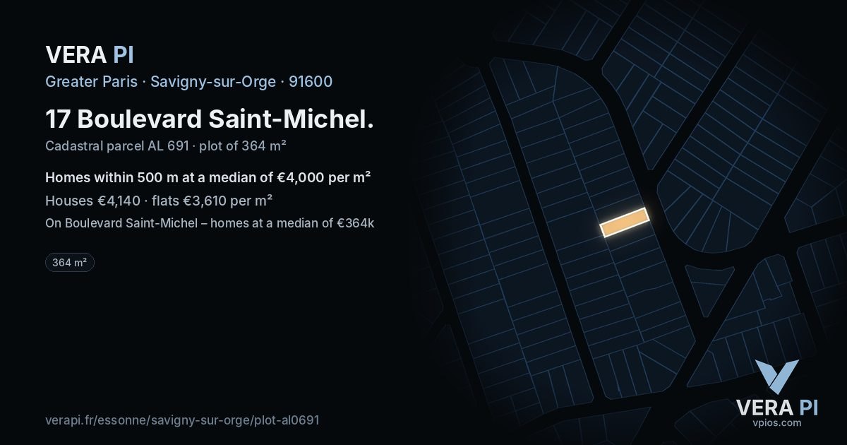 17 Boulevard Saint-Michel, Savigny-sur-Orge at night – the plot lit, the parcels around coloured by the prices near them