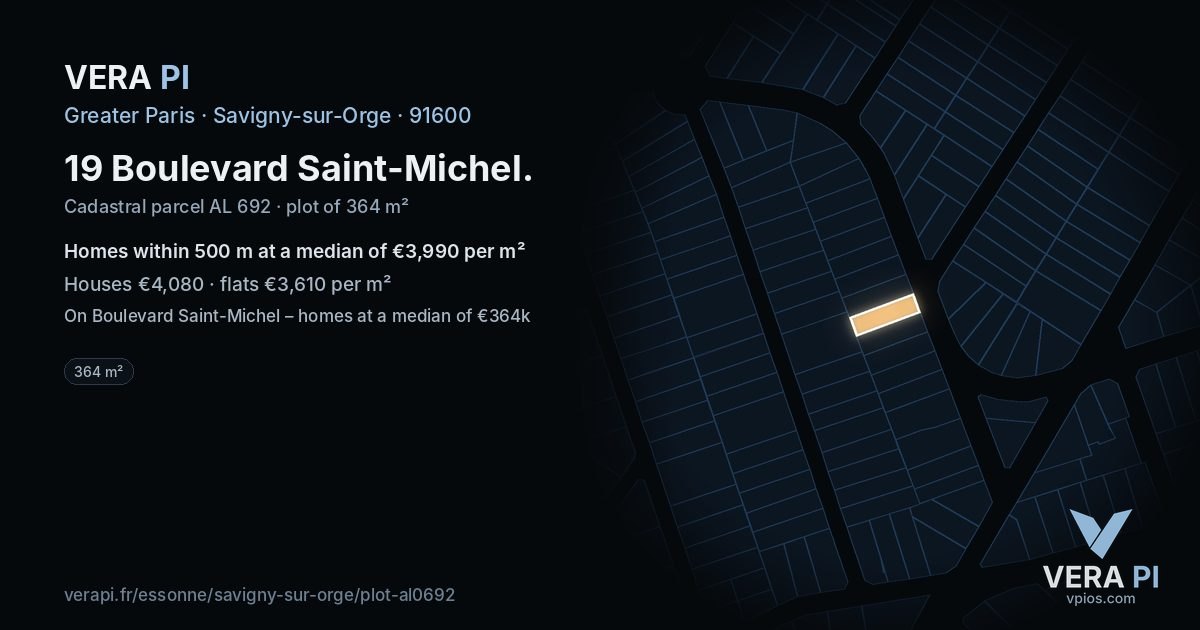 19 Boulevard Saint-Michel, Savigny-sur-Orge at night – the plot lit, the parcels around coloured by the prices near them