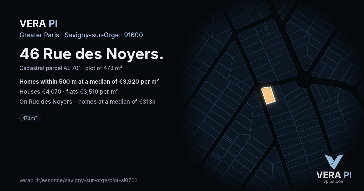 46 Rue des Noyers, Savigny-sur-Orge at night – the plot lit, the parcels around coloured by the prices near them