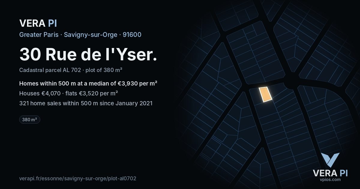 30 Rue de l'Yser, Savigny-sur-Orge at night – the plot lit, the parcels around coloured by the prices near them