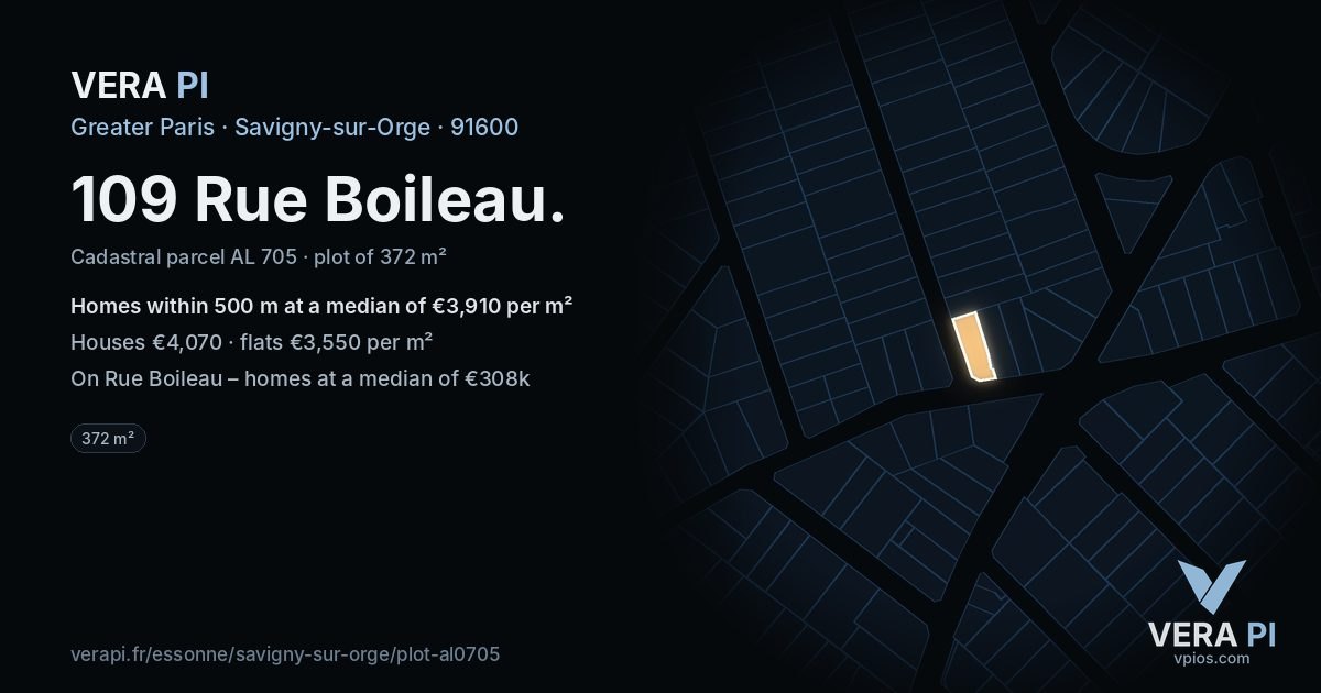 109 Rue Boileau, Savigny-sur-Orge at night – the plot lit, the parcels around coloured by the prices near them