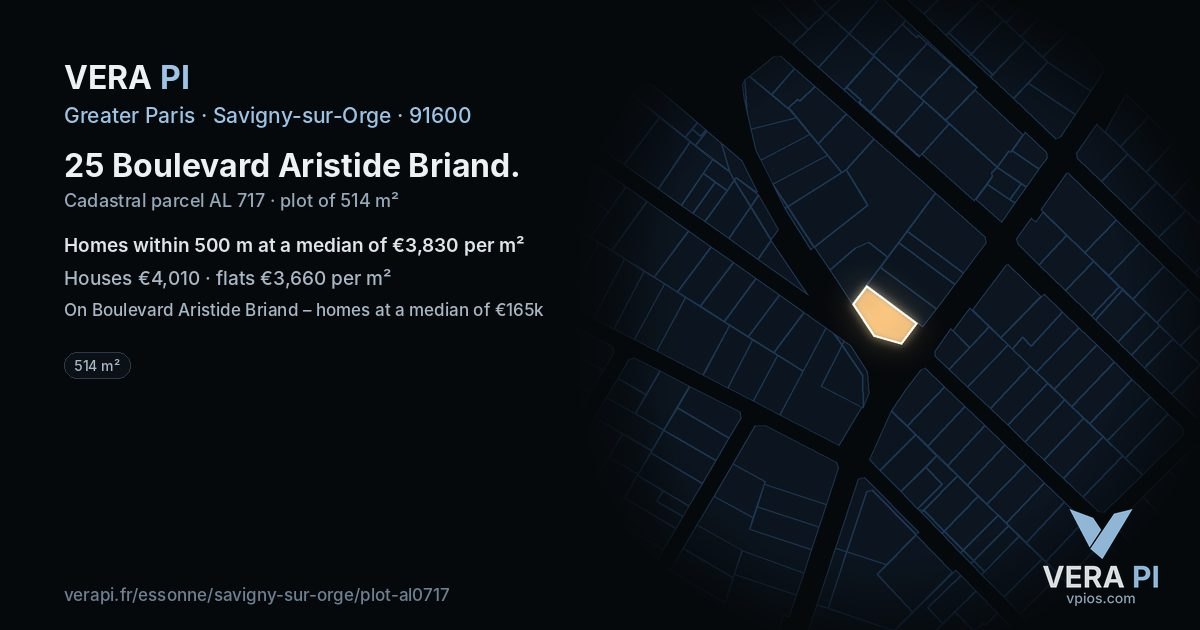 25 Boulevard Aristide Briand, Savigny-sur-Orge at night – the plot lit, the parcels around coloured by the prices near them