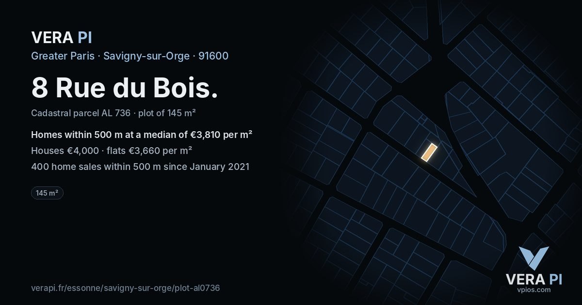 8 Rue du Bois, Savigny-sur-Orge at night – the plot lit, the parcels around coloured by the prices near them