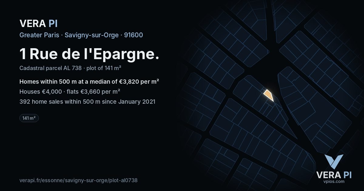 1 Rue de l'Epargne, Savigny-sur-Orge at night – the plot lit, the parcels around coloured by the prices near them