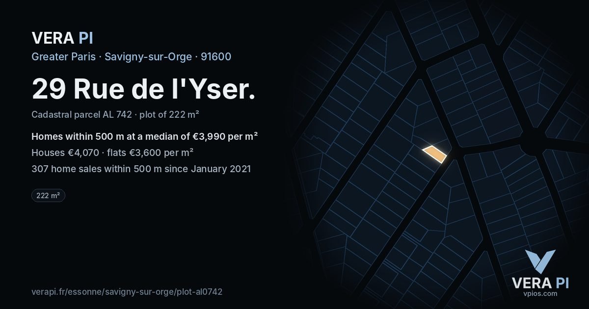 29 Rue de l'Yser, Savigny-sur-Orge at night – the plot lit, the parcels around coloured by the prices near them