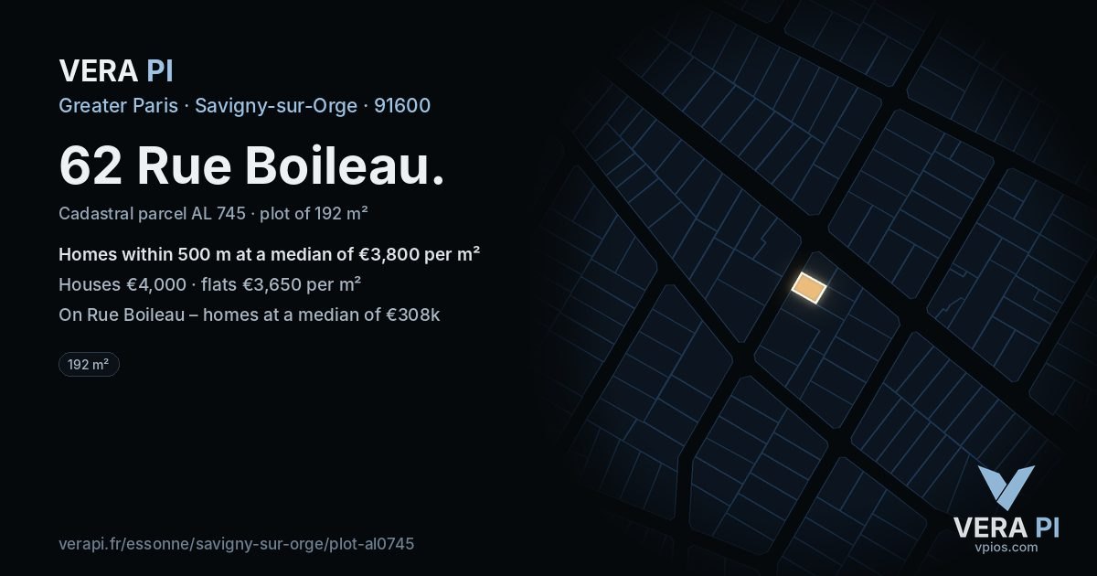 62 Rue Boileau, Savigny-sur-Orge at night – the plot lit, the parcels around coloured by the prices near them